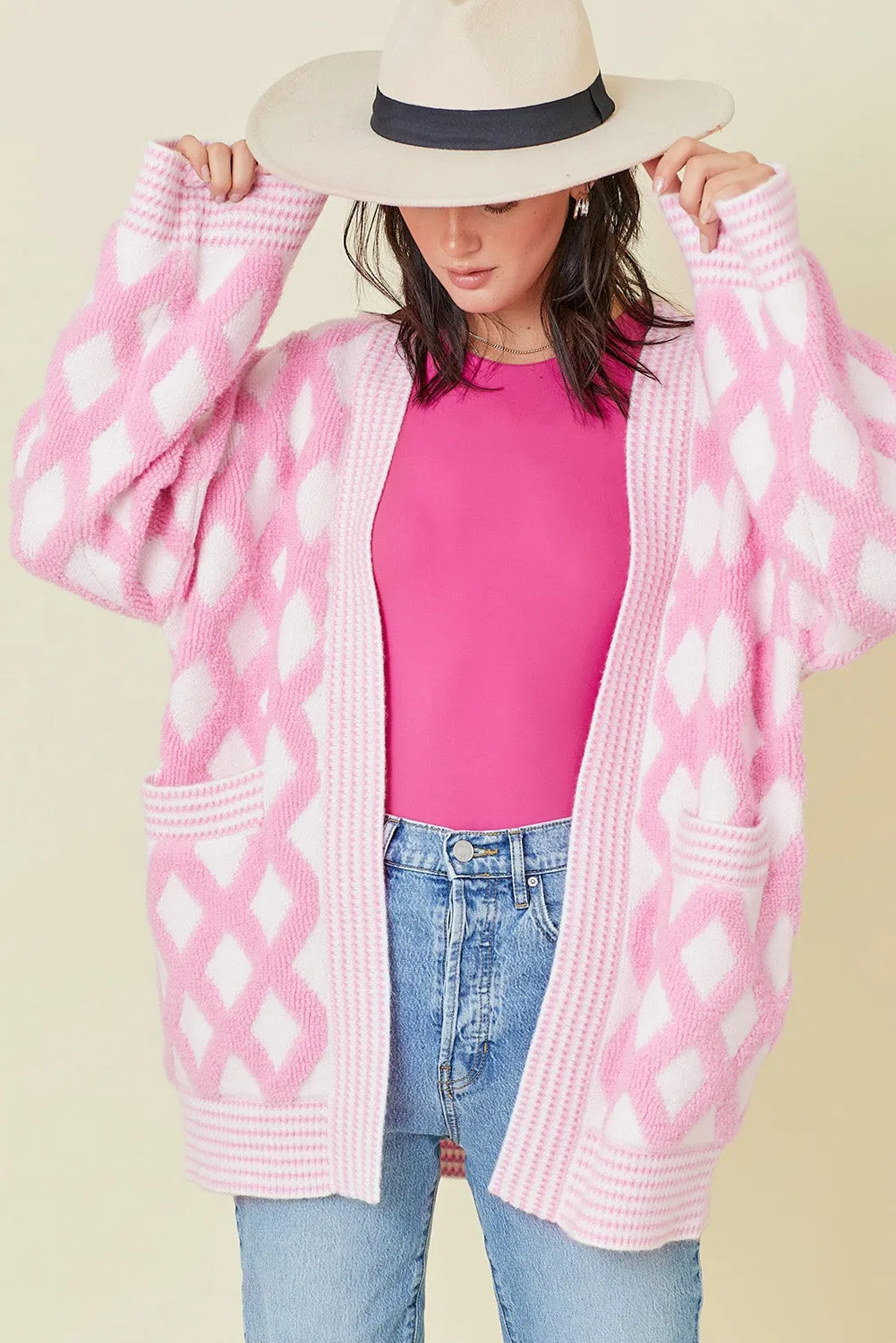 Pink Rhombus Pattern Knit Open Front Pocketed Cardigans sold by Beagle Boutique product image thumbnail 5