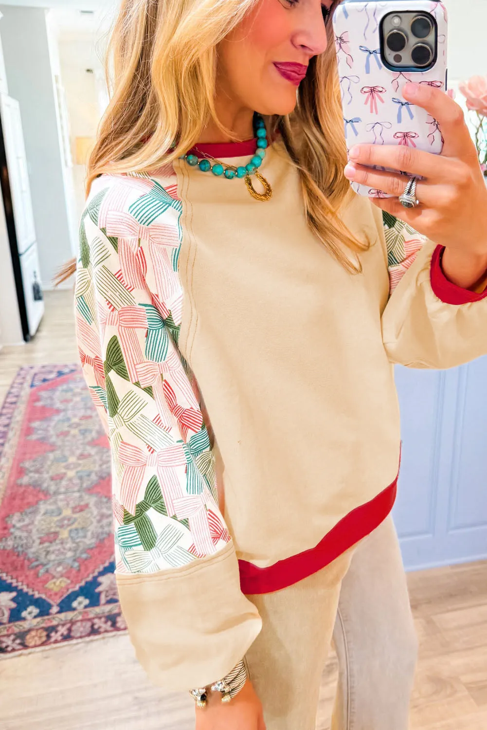 Beige Bowknot Printed Patchwork Raglan Sleeve Colourblock Edge Top sold by Beagle Boutique product image thumbnail 2