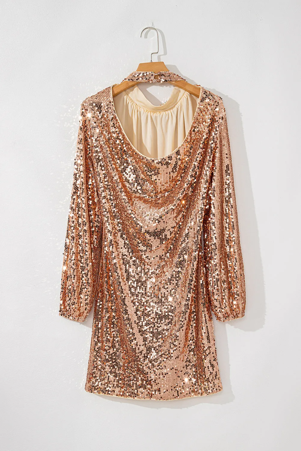 Gold Sequinned Long Sleeve Cutout Back Mini Dress sold by Beagle Boutique product image thumbnail 4