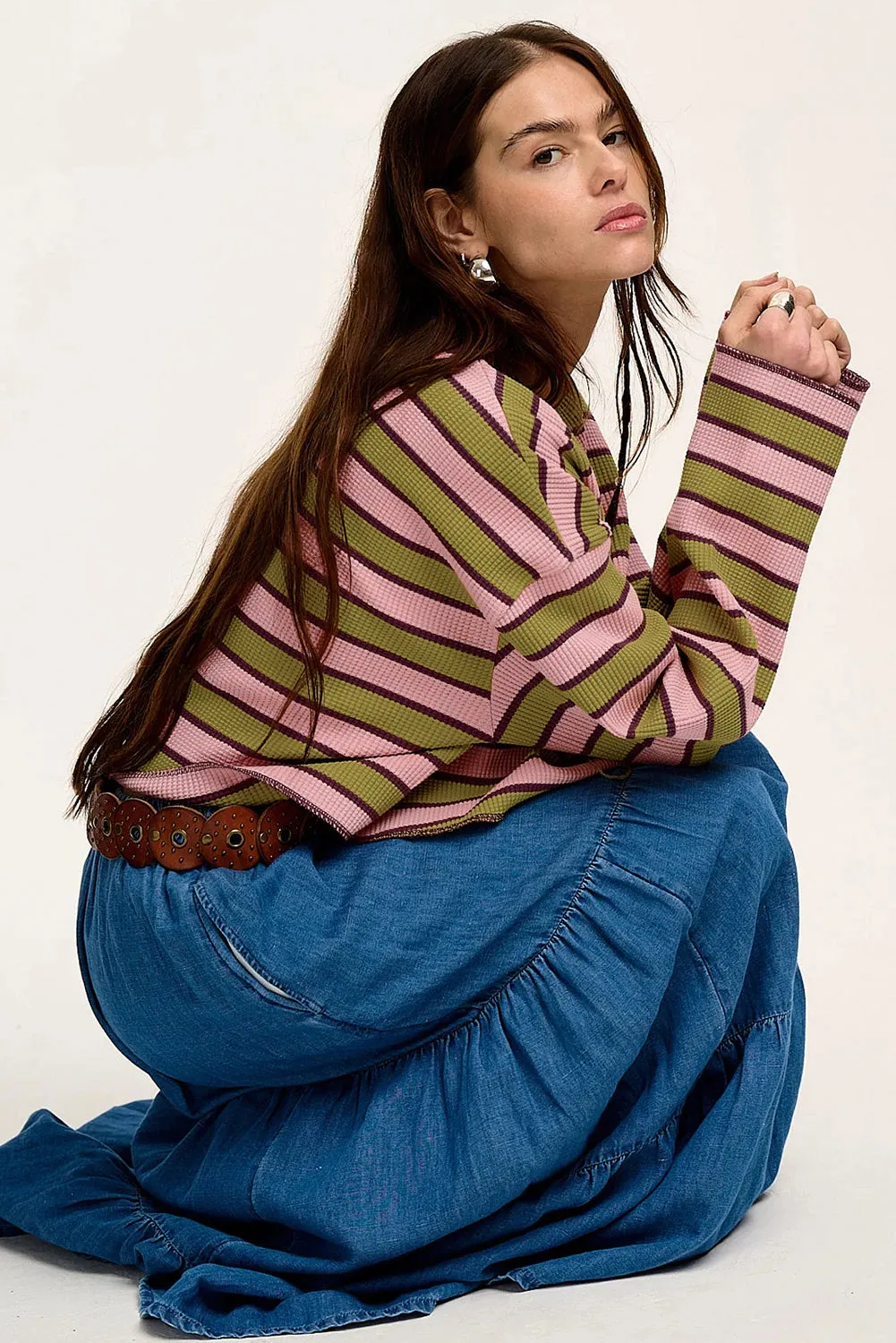 Spinach Green Clashing Stripes Waffle Texture Notched Neck Long Sleeve Top sold by Beagle Boutique product image thumbnail 3