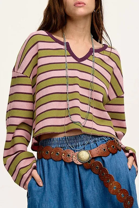 Spinach Green Clashing Stripes Waffle Texture Notched Neck Long Sleeve Top sold by Beagle Boutique