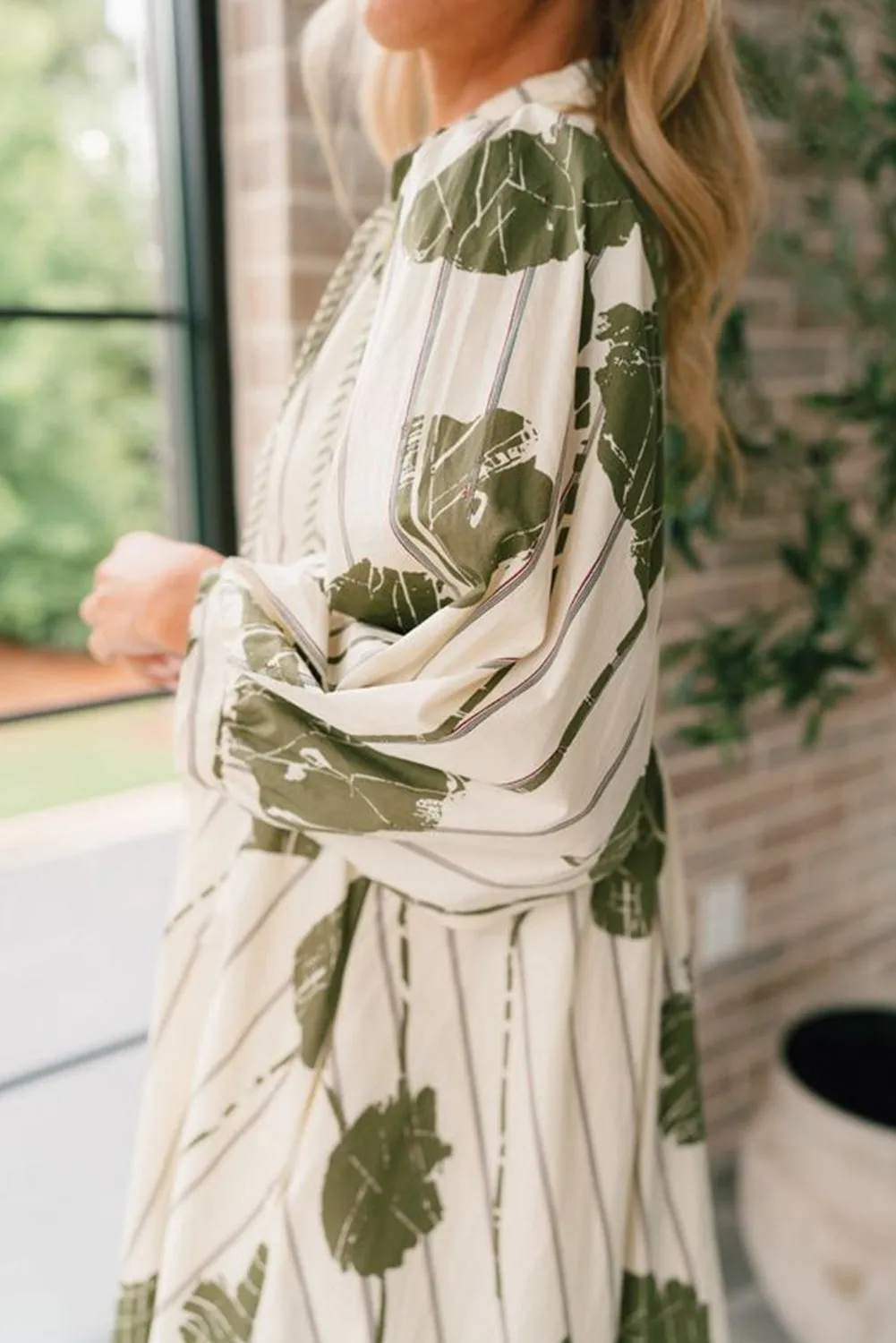 Guacamole Green Floral Striped Print Contrast Piping Puff Sleeve Dress sold by Beagle Boutique product image thumbnail 3