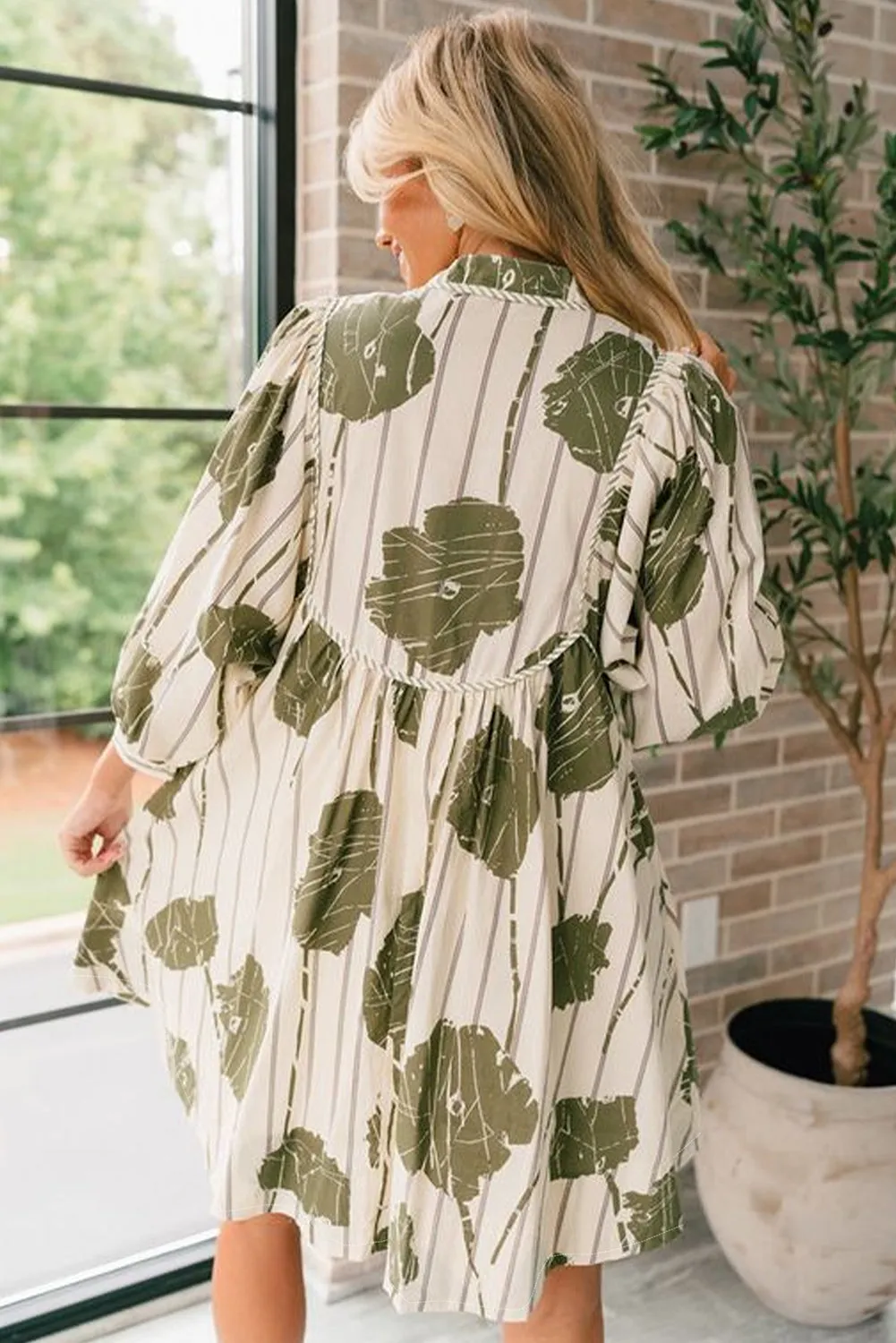 Guacamole Green Floral Striped Print Contrast Piping Puff Sleeve Dress sold by Beagle Boutique product image thumbnail 2