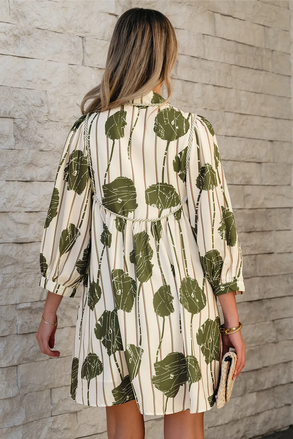 Guacamole Green Floral Striped Print Contrast Piping Puff Sleeve Dress sold by Beagle Boutique product image thumbnail 5