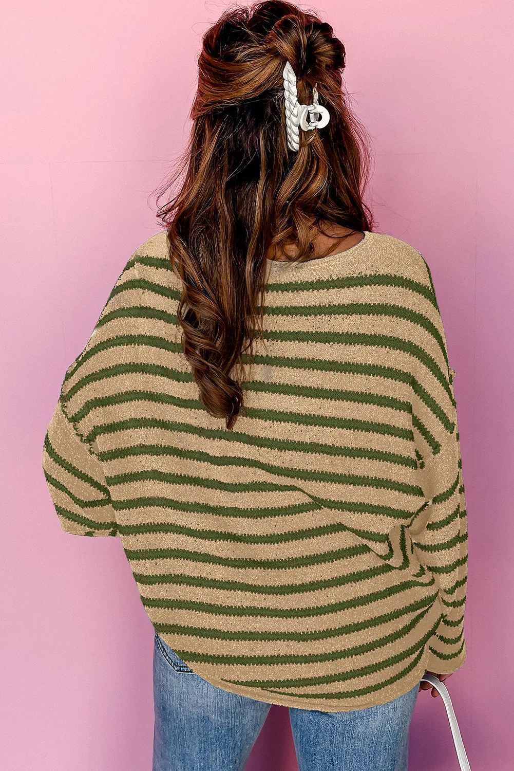 Khaki Stripe Drop Shoulder Casual Sweater sold by Beagle Boutique product image thumbnail 2