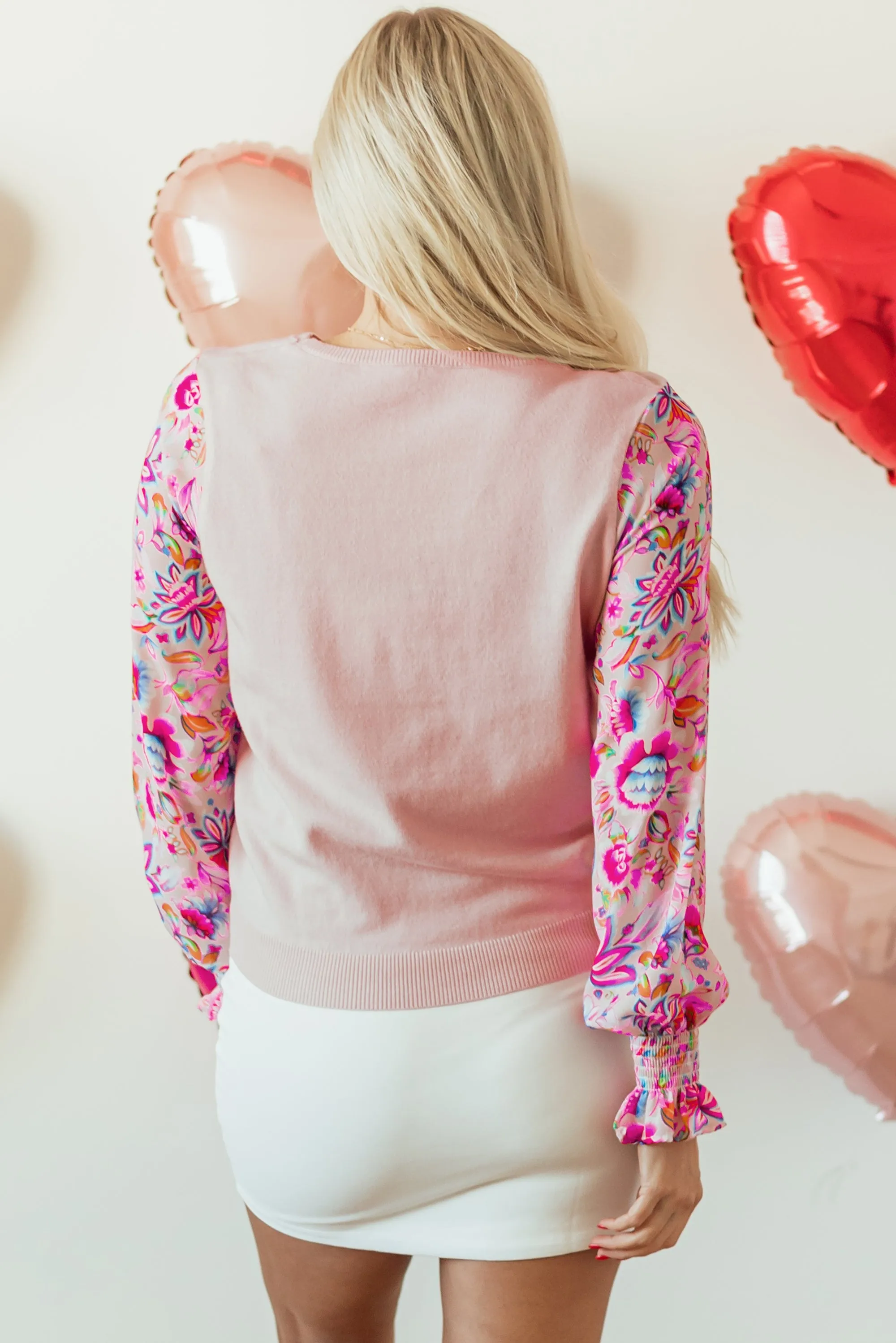 Oatmeal Floral Printed Patchwork Smocked Lantern Sleeve Knit Top sold by Beagle Boutique product image thumbnail 5