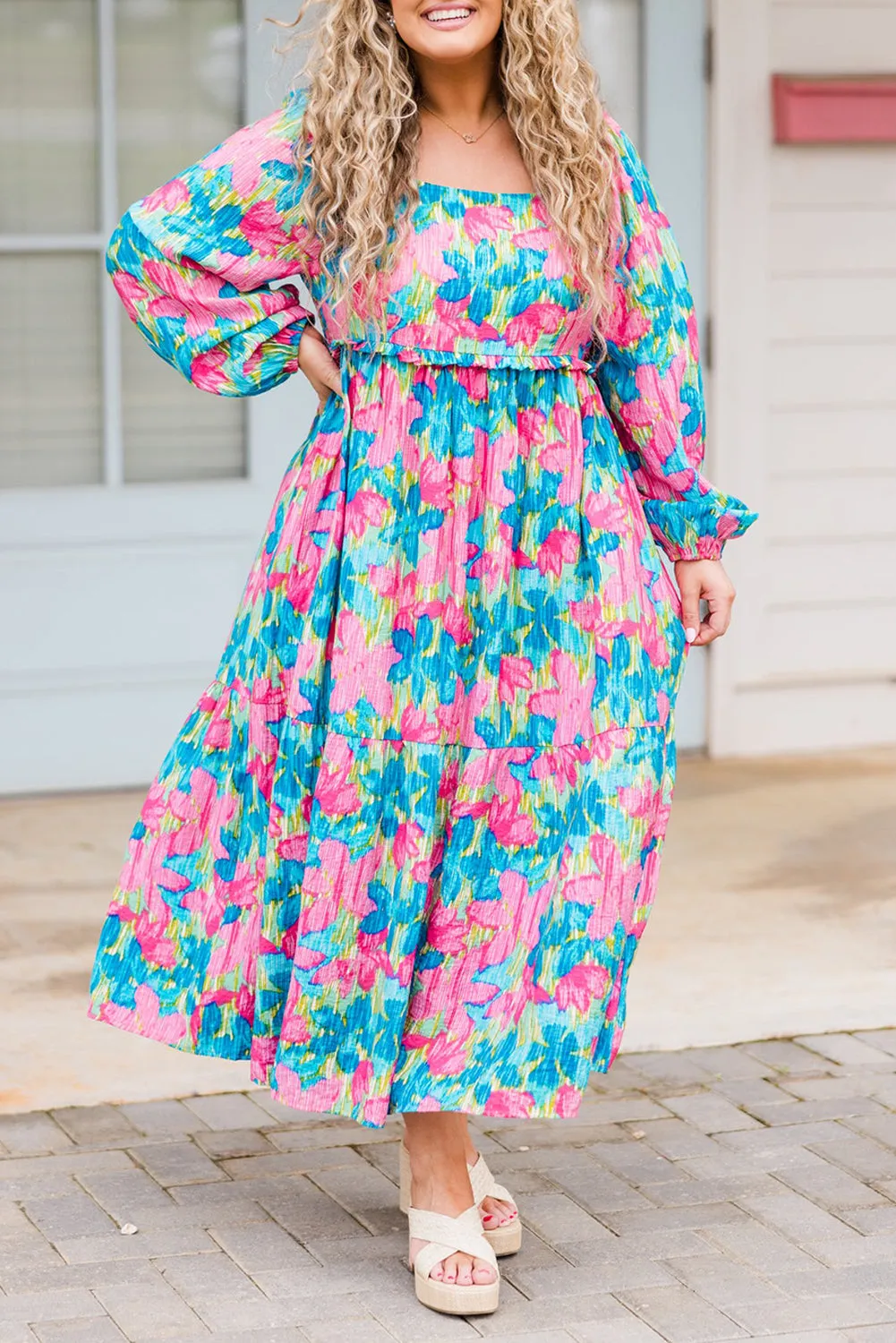 Sky Blue Floral Allover Print Shirred Square Neck Plus Size Maxi Dress sold by Beagle Boutique
