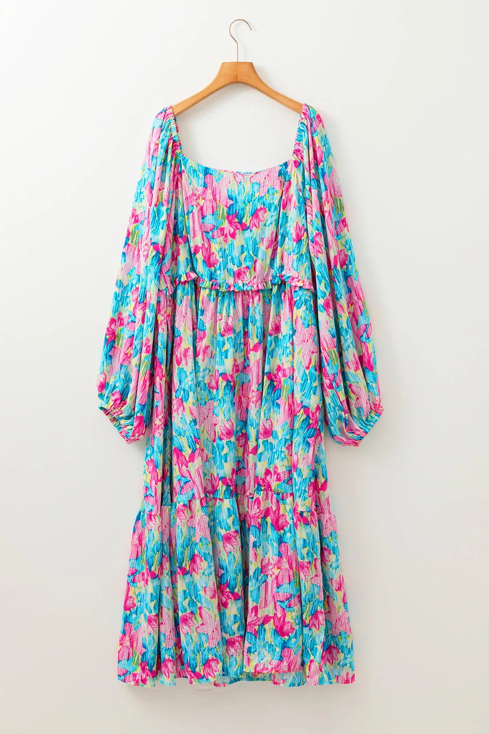 Sky Blue Floral Allover Print Shirred Square Neck Plus Size Maxi Dress sold by Beagle Boutique product image thumbnail 4