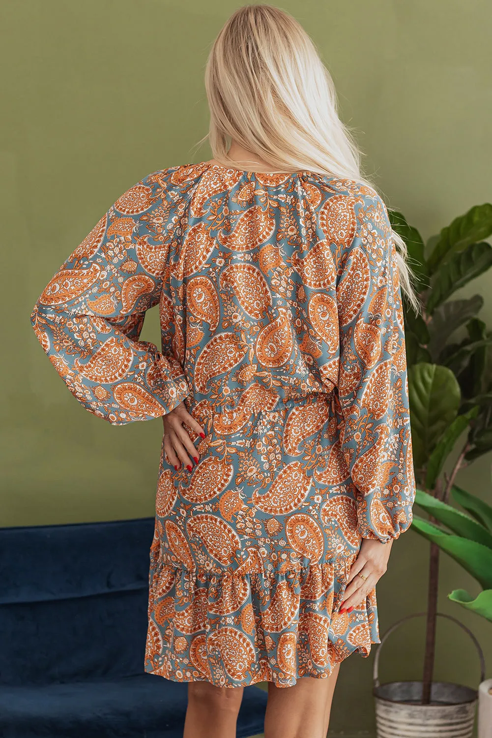 Orange Paisley Print Loose Fit Drawstring High Waist Mini Dress sold by Beagle Boutique product image thumbnail 2