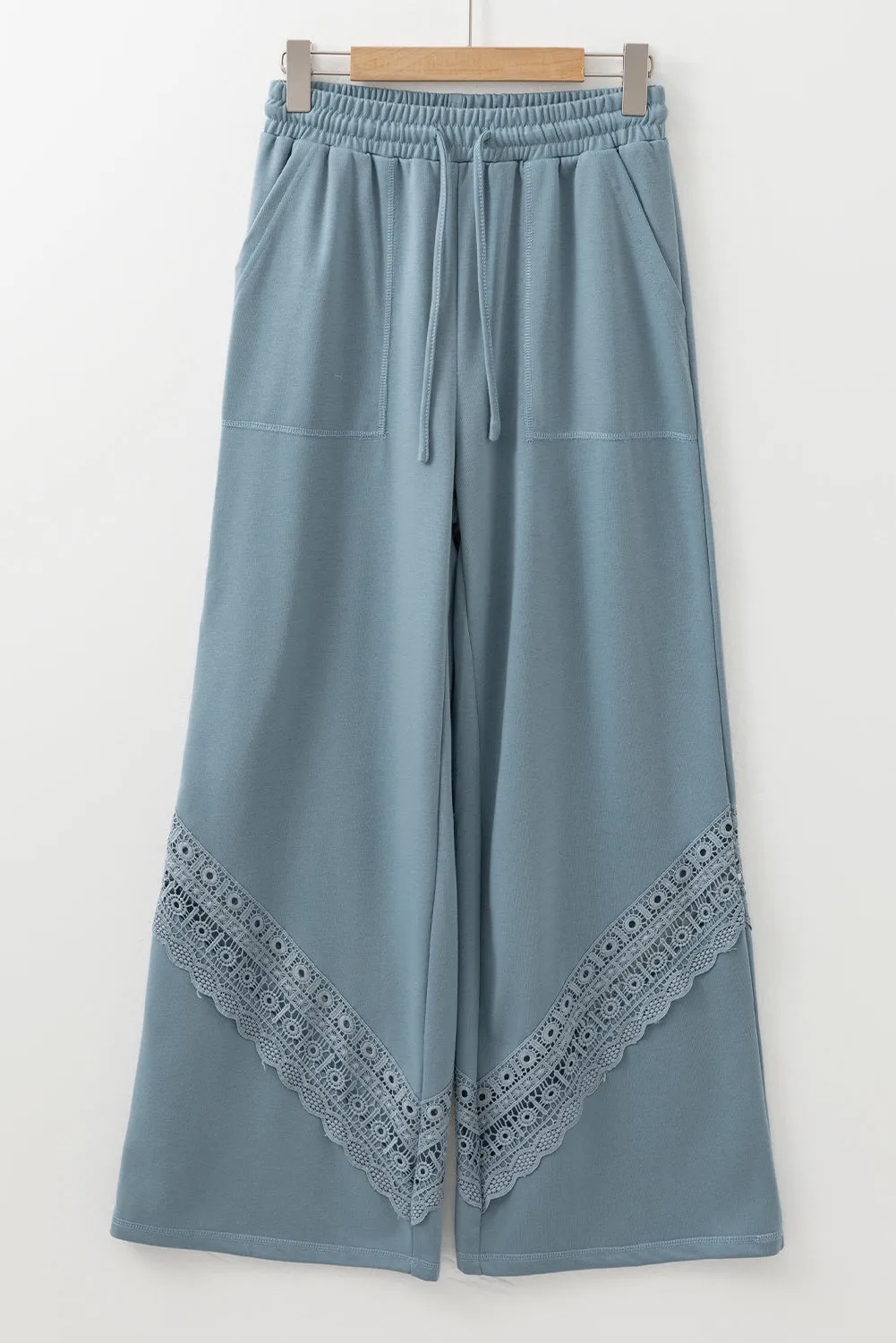 Dusk Blue Lace Crochet Patched Lace-up High Waist Wide Leg Trousers sold by Beagle Boutique product image thumbnail 4