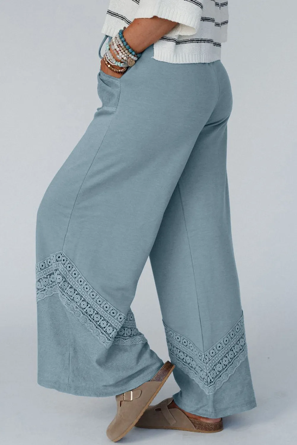 Dusk Blue Lace Crochet Patched Lace-up High Waist Wide Leg Trousers sold by Beagle Boutique product image thumbnail 3