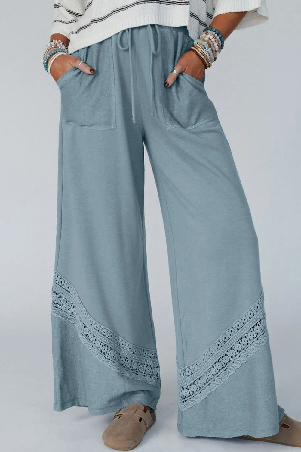 Dusk Blue Lace Crochet Patched Lace-up High Waist Wide Leg Trousers sold by Beagle Boutique