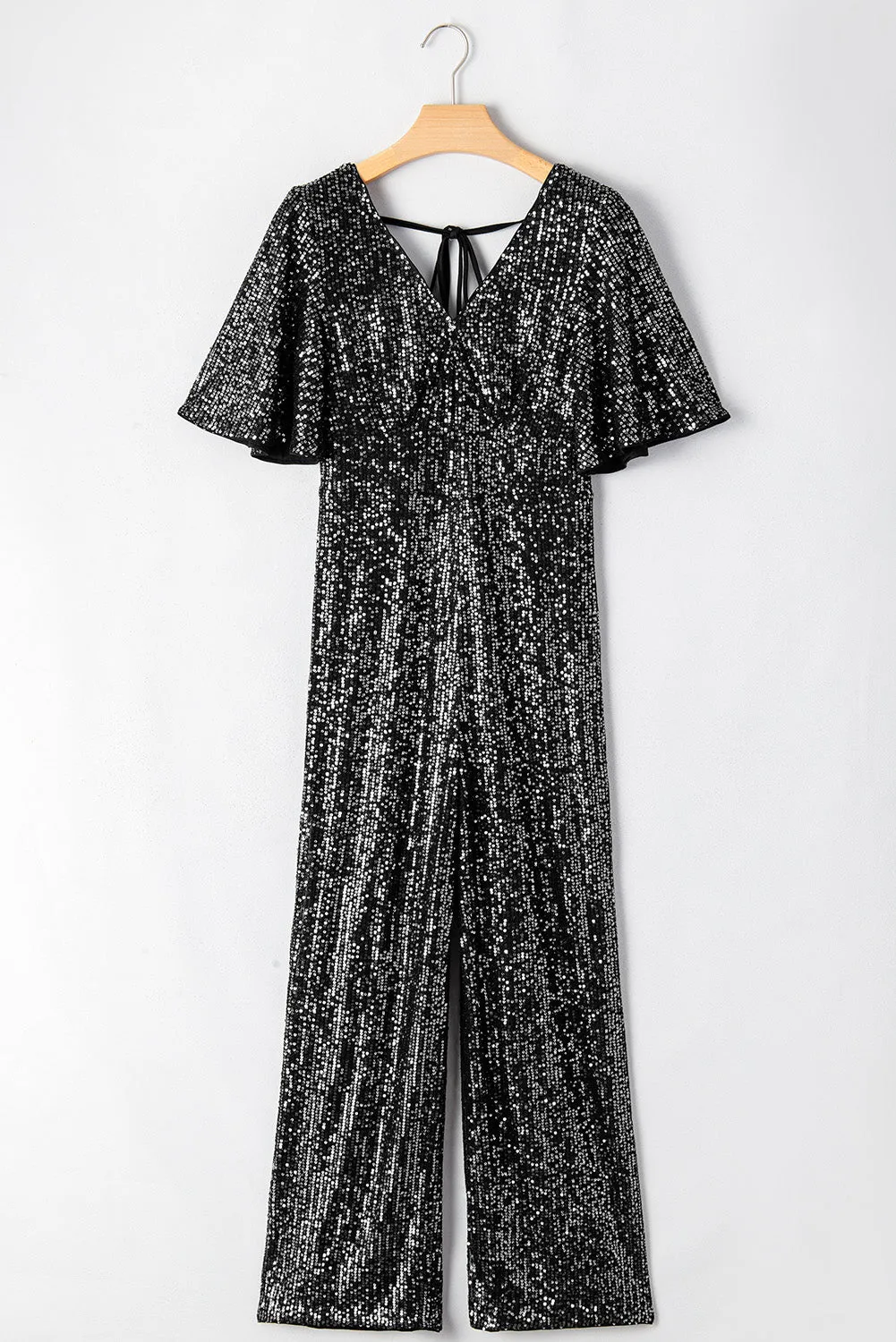 Black Sequin V Neck Flutter Sleeve Wide Leg Jumpsuit sold by Beagle Boutique product image thumbnail 5