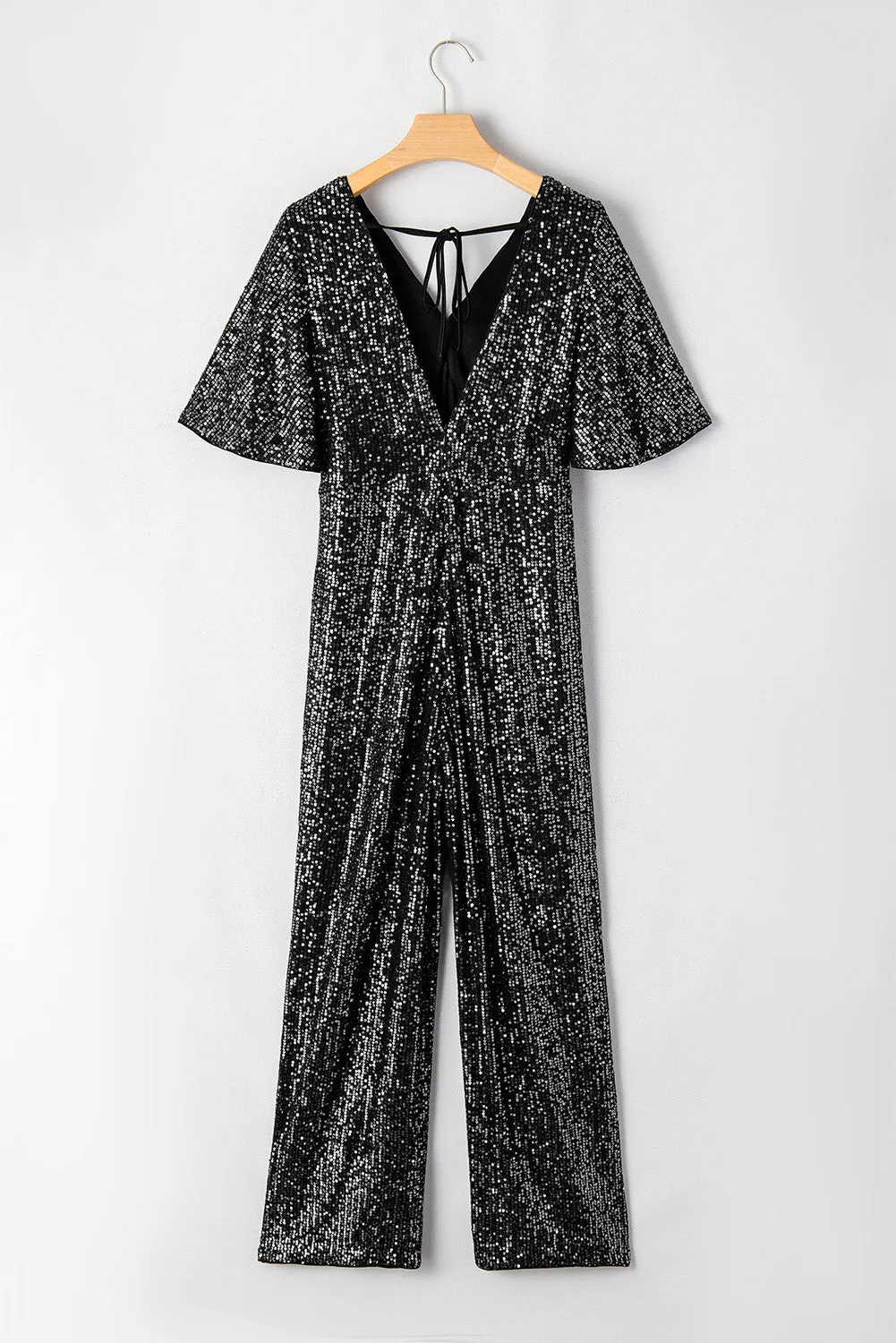 Black Sequin V Neck Flutter Sleeve Wide Leg Jumpsuit sold by Beagle Boutique product image thumbnail 4