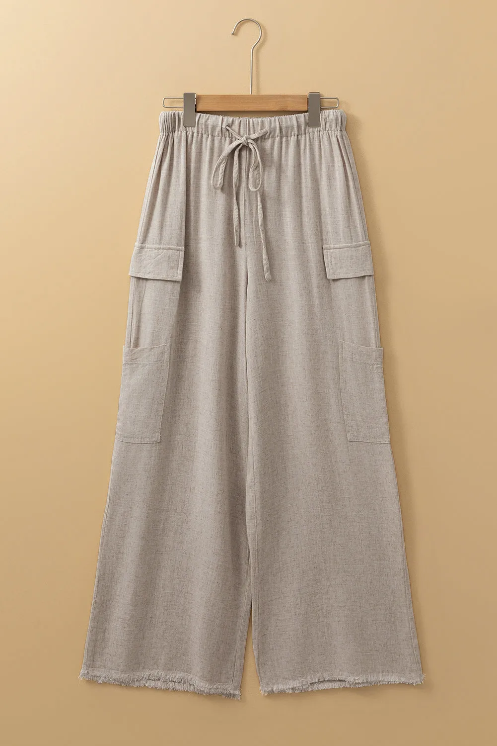 Beige Boho Linen Drawstring Waist Raw Edge Cargo Loose Trousers sold by Beagle Boutique product image thumbnail 4