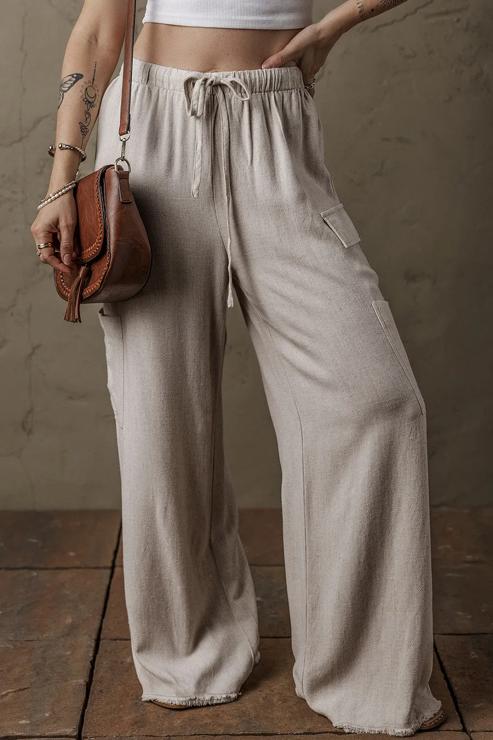 Beige Boho Linen Drawstring Waist Raw Edge Cargo Loose Trousers sold by Beagle Boutique