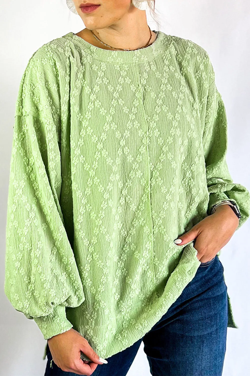 Light Green Solid Colour Textured Side Split Crew Neck Blouse sold by Beagle Boutique