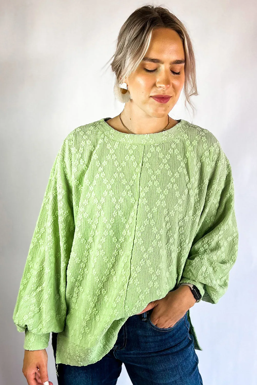 Light Green Solid Colour Textured Side Split Crew Neck Blouse sold by Beagle Boutique product image thumbnail 3