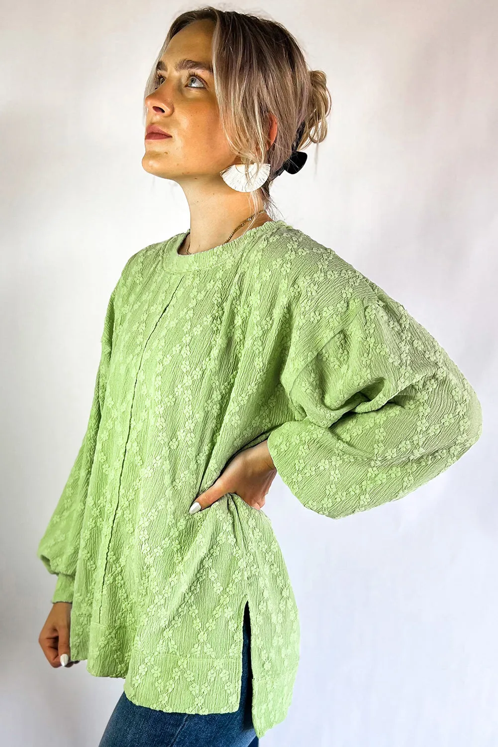 Light Green Solid Colour Textured Side Split Crew Neck Blouse sold by Beagle Boutique product image thumbnail 2