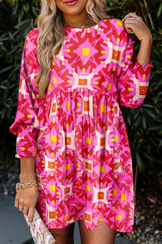 Strawberry Pink Geometric Print Smocked Long Sleeve Mini Dress sold by Beagle Boutique