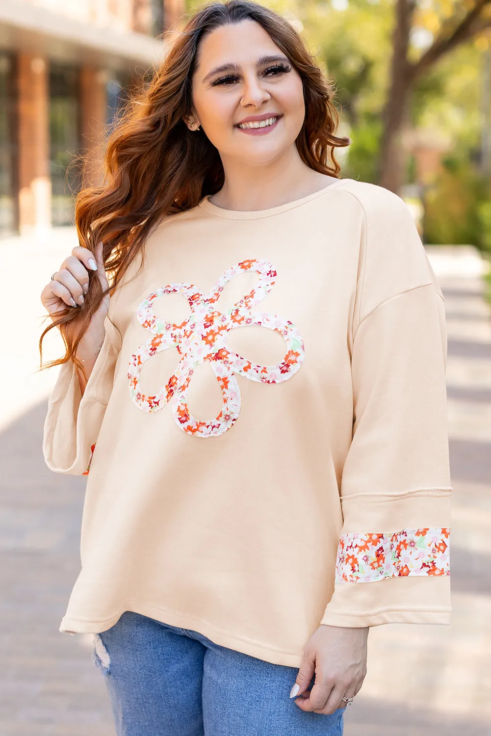 Beige Plus Size Flower Patched Side Slits Crewneck Top sold by Beagle Boutique product image thumbnail 3