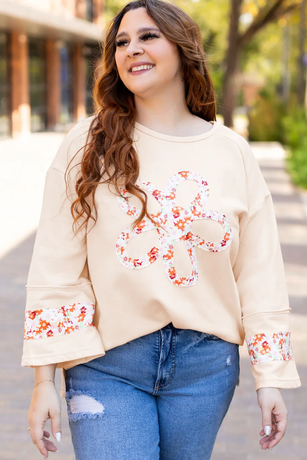 Beige Plus Size Flower Patched Side Slits Crewneck Top sold by Beagle Boutique