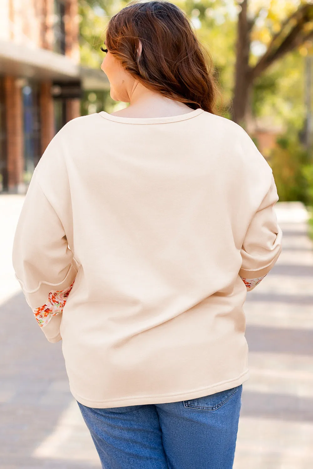 Beige Plus Size Flower Patched Side Slits Crewneck Top sold by Beagle Boutique product image thumbnail 2