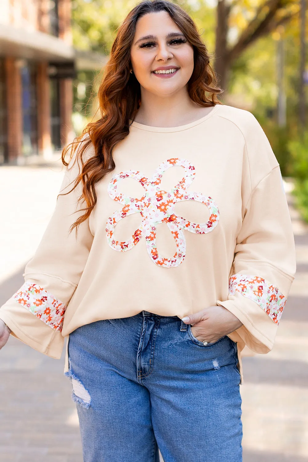 Beige Plus Size Flower Patched Side Slits Crewneck Top sold by Beagle Boutique product image thumbnail 5