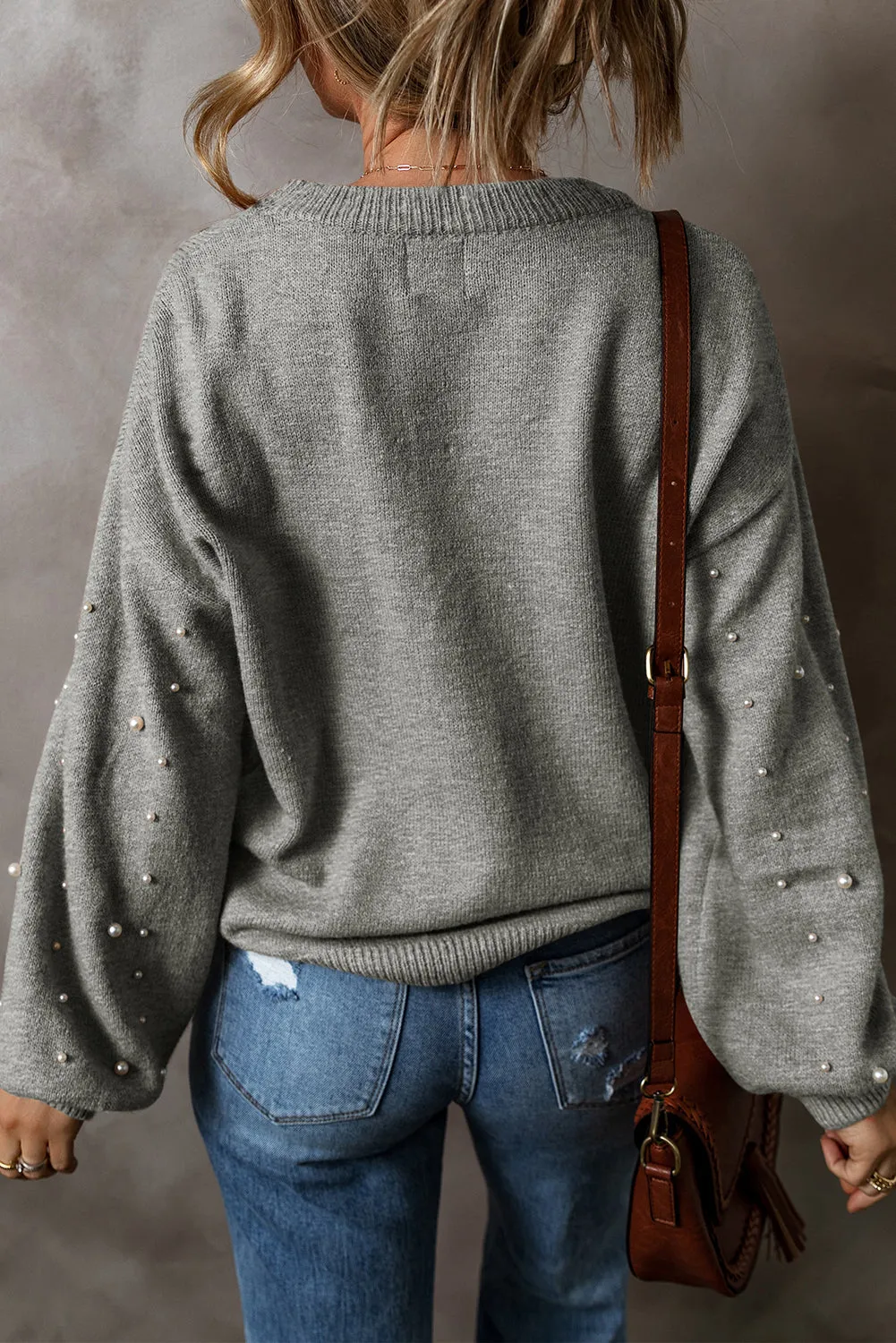 Light Grey Pearled Drop Shoulder Round Neck Sweater sold by Beagle Boutique product image thumbnail 2