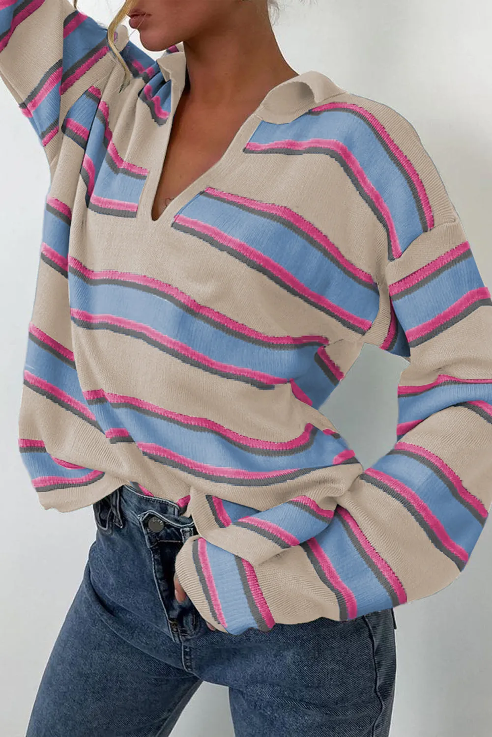 Apricot Stripe Collared V Neck Drop Shoulder Loose Sweater sold by Beagle Boutique product image thumbnail 3