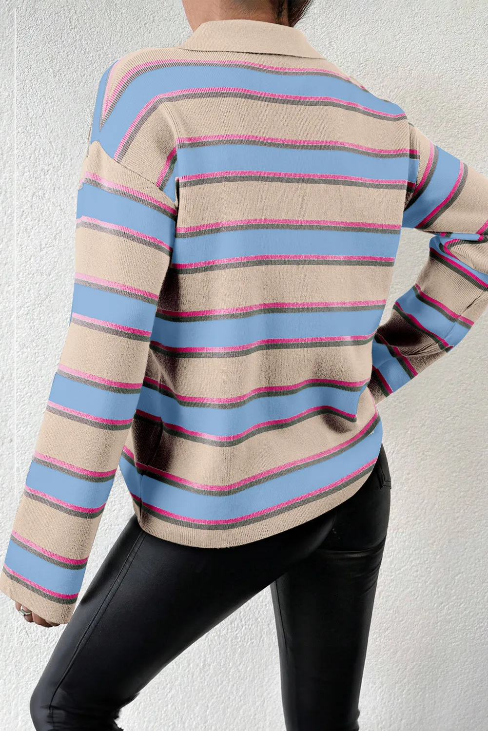 Apricot Stripe Collared V Neck Drop Shoulder Loose Sweater sold by Beagle Boutique product image thumbnail 2