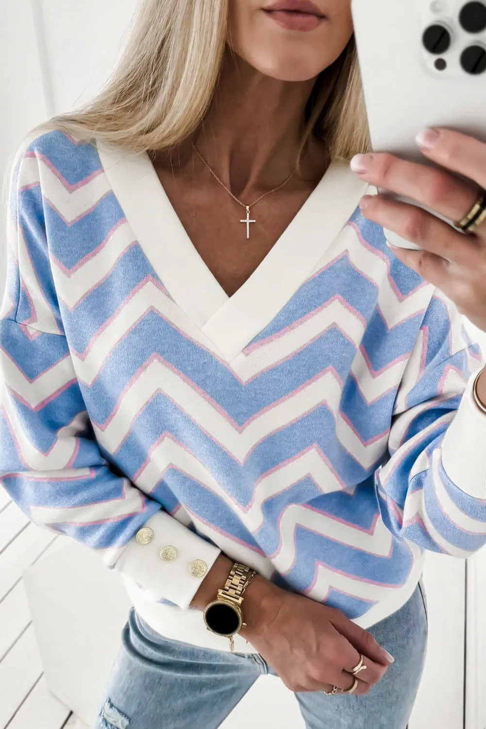 Sky Blue Zigzag Striped Print V Neck Oversized Top sold by Beagle Boutique