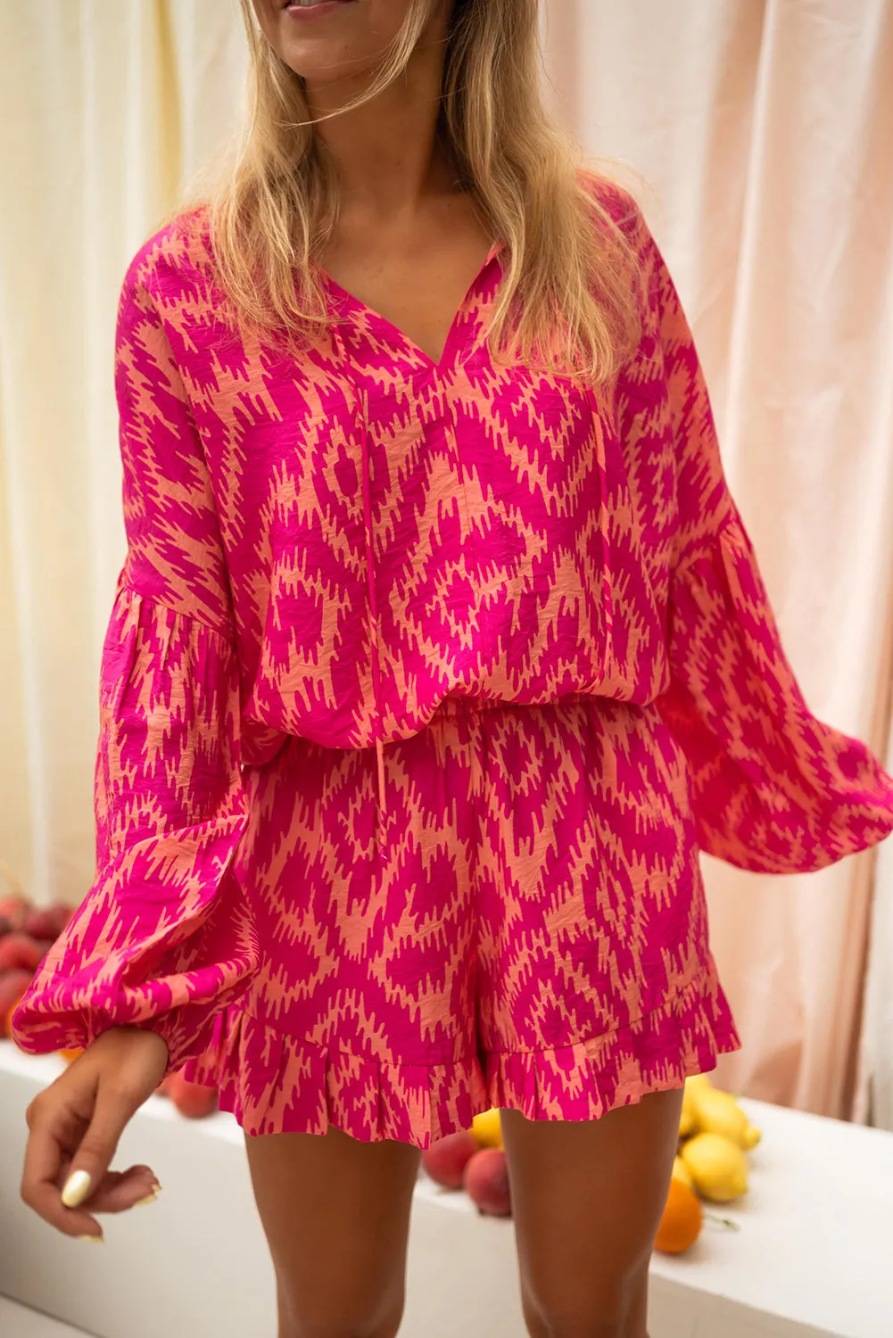 Rose Western Aztec Geometric Print Top and Ruffled Shorts Set sold by Beagle Boutique