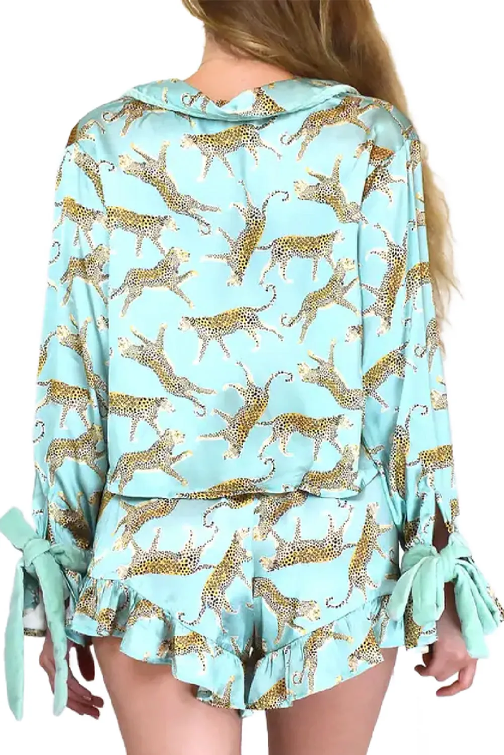 Green Leopard Satin Ruffle Pyjama Short Set sold by Beagle Boutique product image thumbnail 3