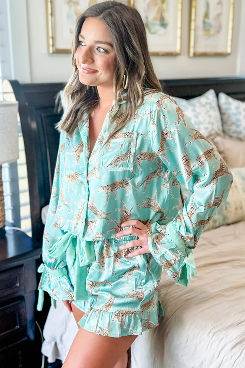 Green Leopard Satin Ruffle Pyjama Short Set sold by Beagle Boutique product image thumbnail 2