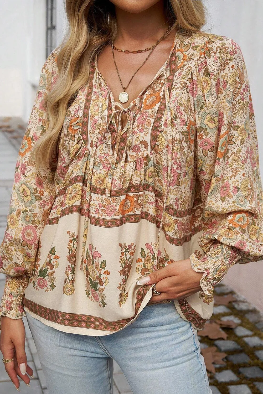 Yellow Floral Print Tie Neck Lantern Sleeve Blouse sold by Beagle Boutique product image thumbnail 3