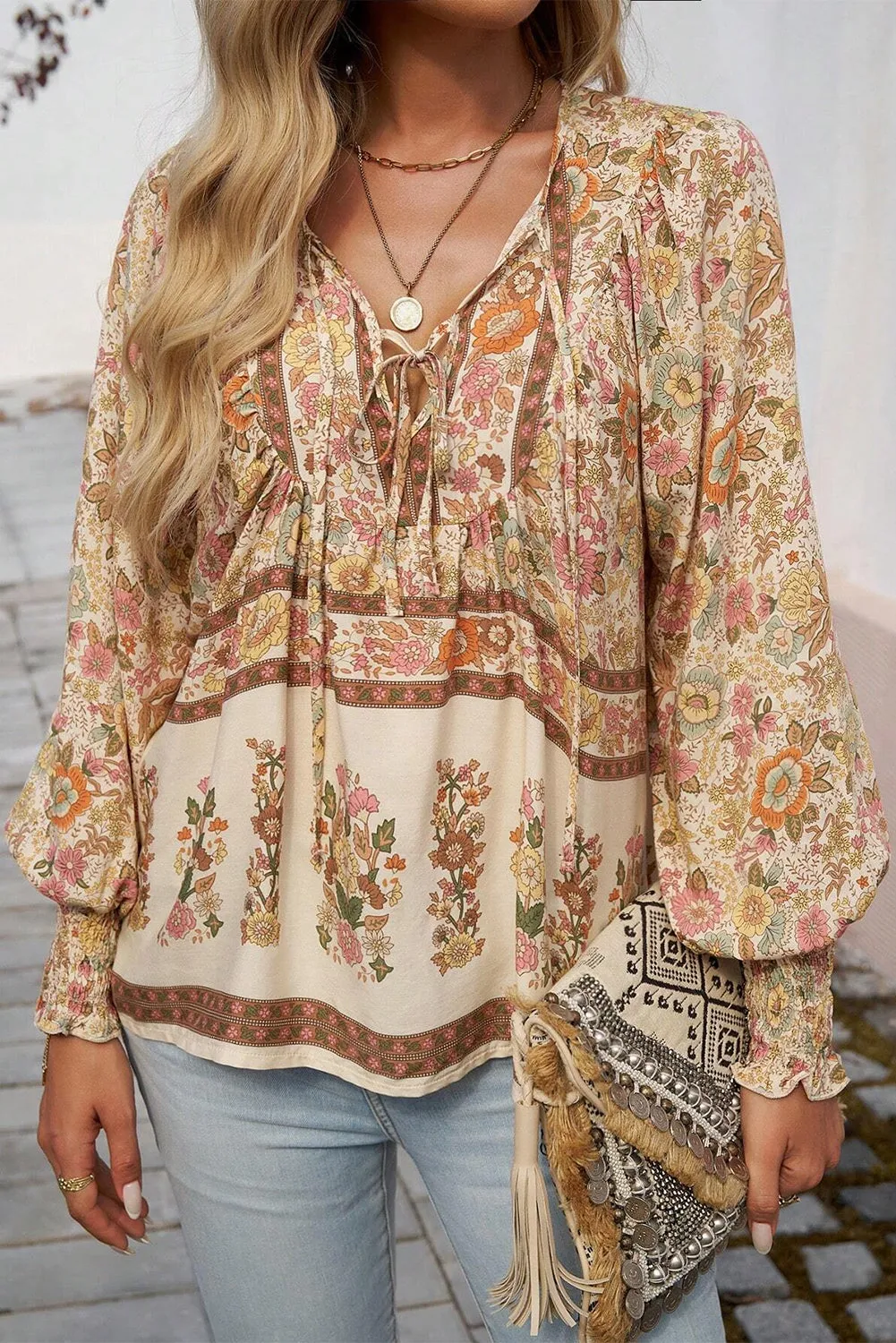 Yellow Floral Print Tie Neck Lantern Sleeve Blouse sold by Beagle Boutique