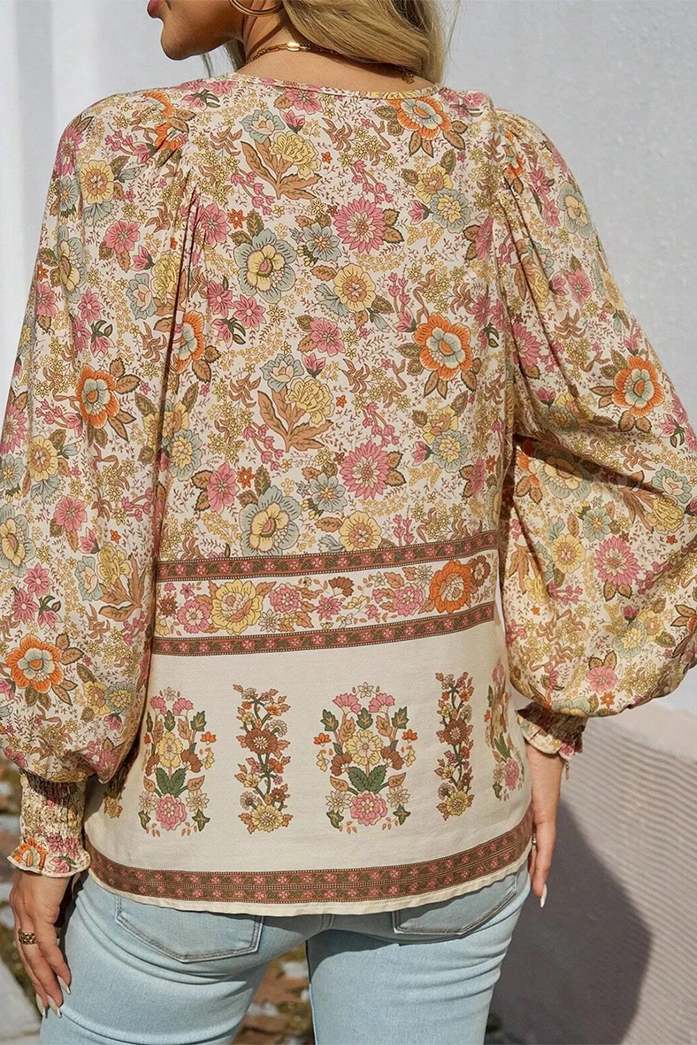 Yellow Floral Print Tie Neck Lantern Sleeve Blouse sold by Beagle Boutique product image thumbnail 2