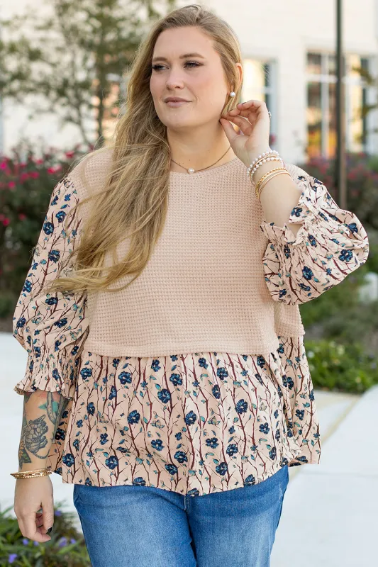 Beige Faux Two Piece Knit Patchwork Floral Print Plus Size Top sold by Beagle Boutique