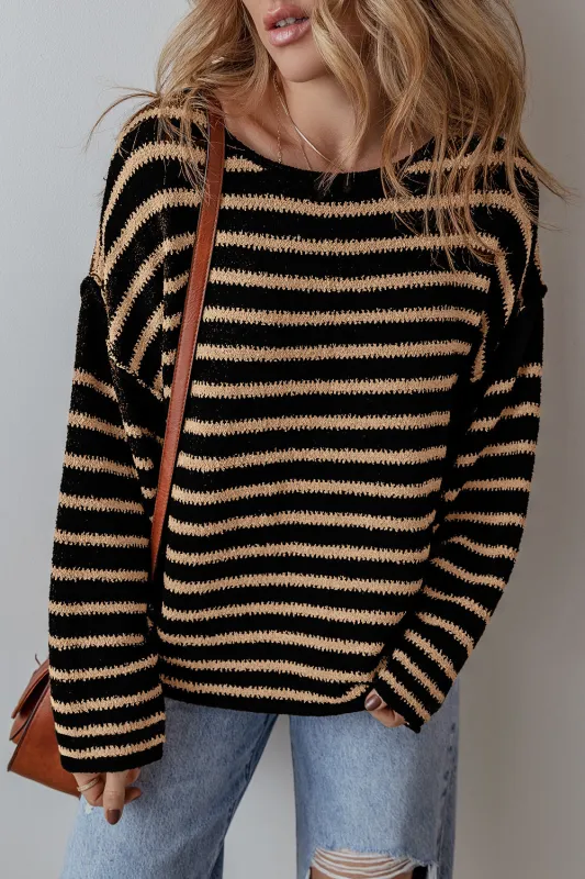 Black Stripe Drop Shoulder Round Neck Loose Sweater sold by Beagle Boutique