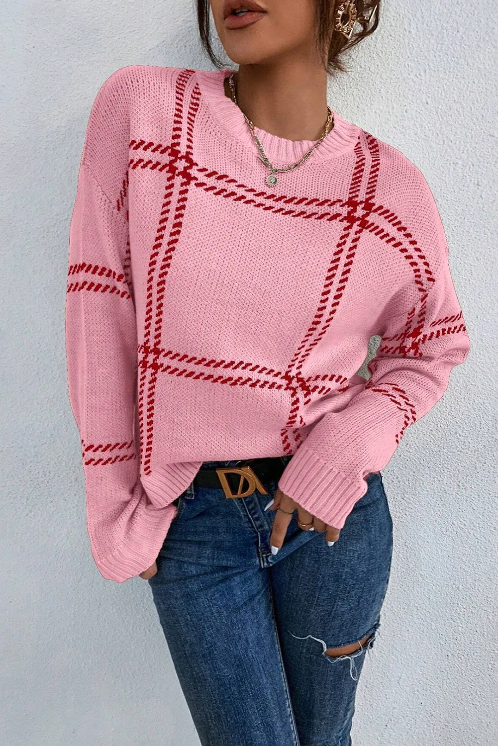Pink Plaid Pattern Knitted Drop Shoulder Sweater sold by Beagle Boutique product image thumbnail 3