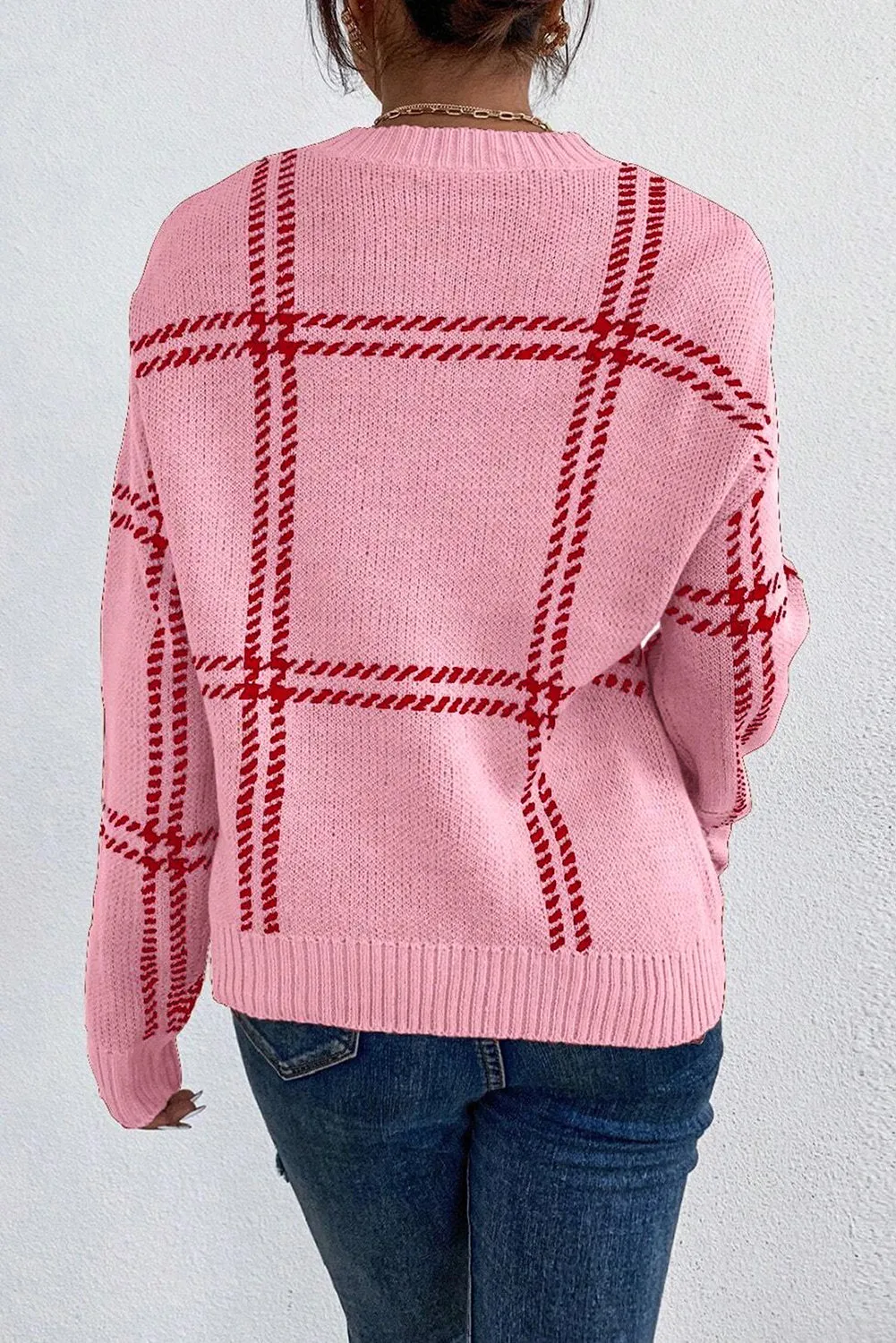 Pink Plaid Pattern Knitted Drop Shoulder Sweater sold by Beagle Boutique product image thumbnail 2