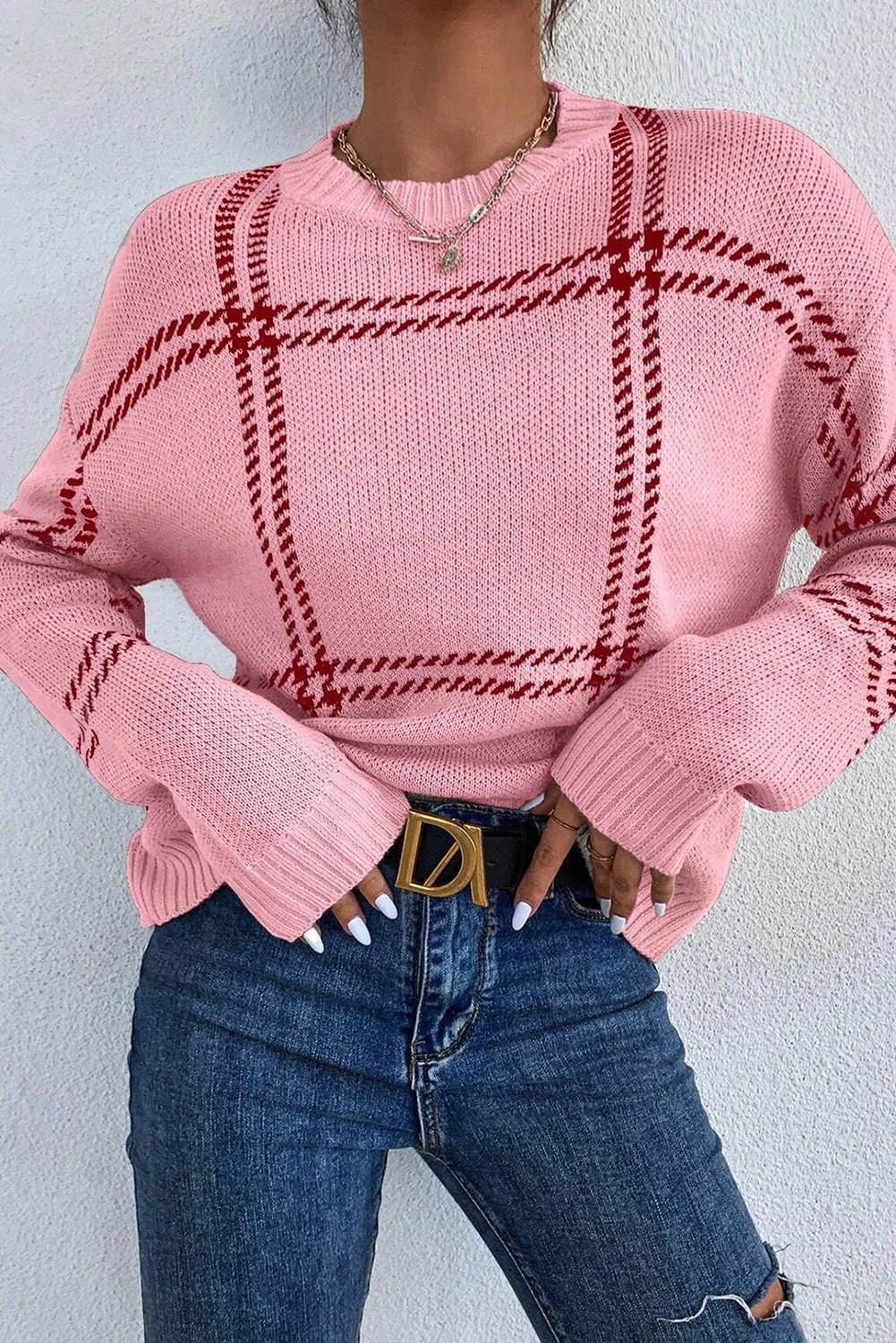 Pink Plaid Pattern Knitted Drop Shoulder Sweater sold by Beagle Boutique