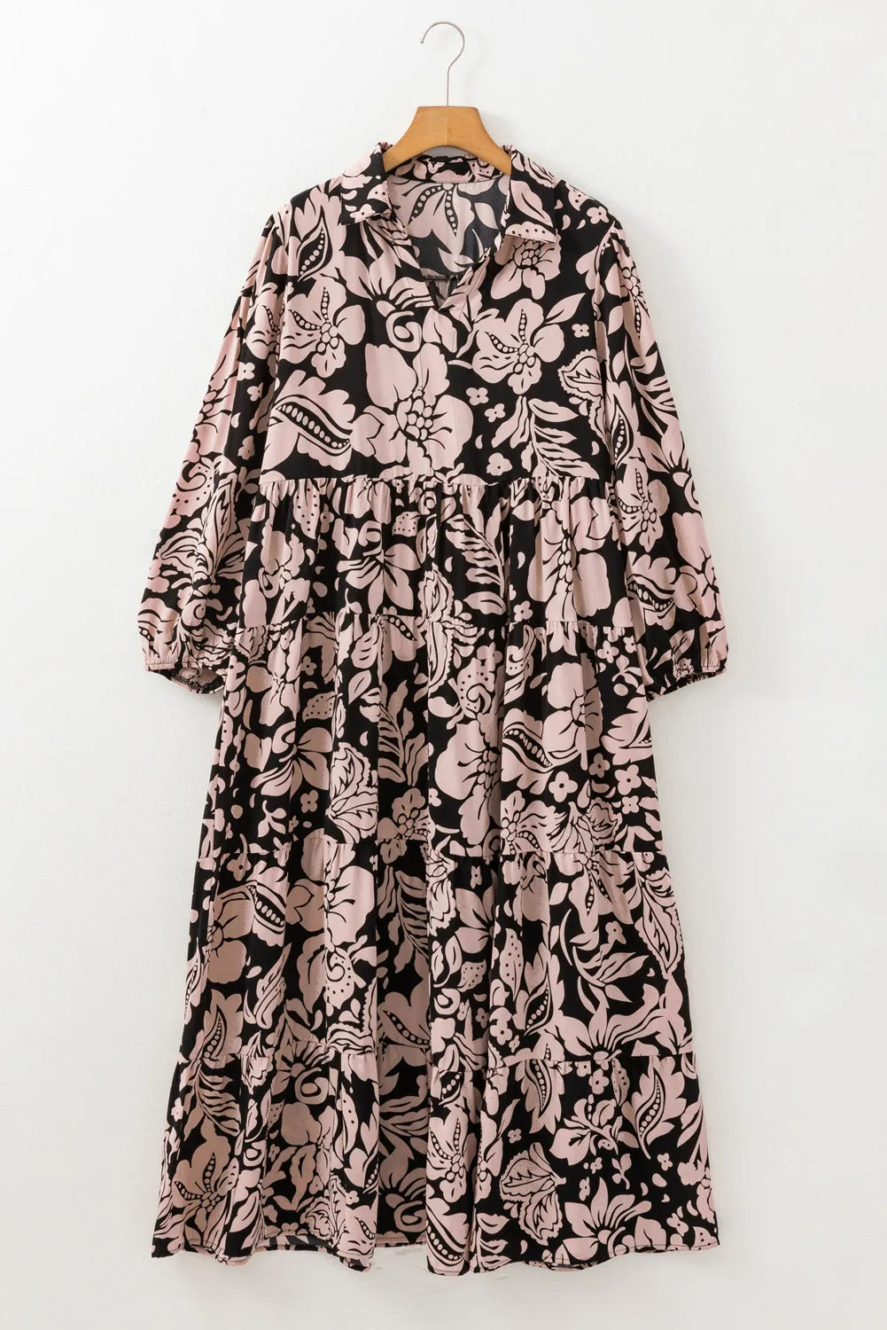 Black Plus Size Floral Printed Puff Sleeve Collared Maxi Dress sold by Beagle Boutique product image thumbnail 5