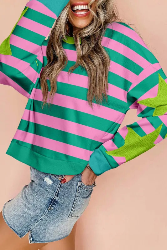 Pink Stripe Star Patchwork Round Neck Pullover Sweatshirt sold by Beagle Boutique
