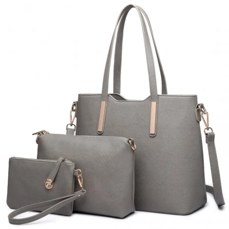 LT6648 - Miss Lulu Three Piece Tote Shoulder Bag And Clutch - Grey sold by Beagle Boutique