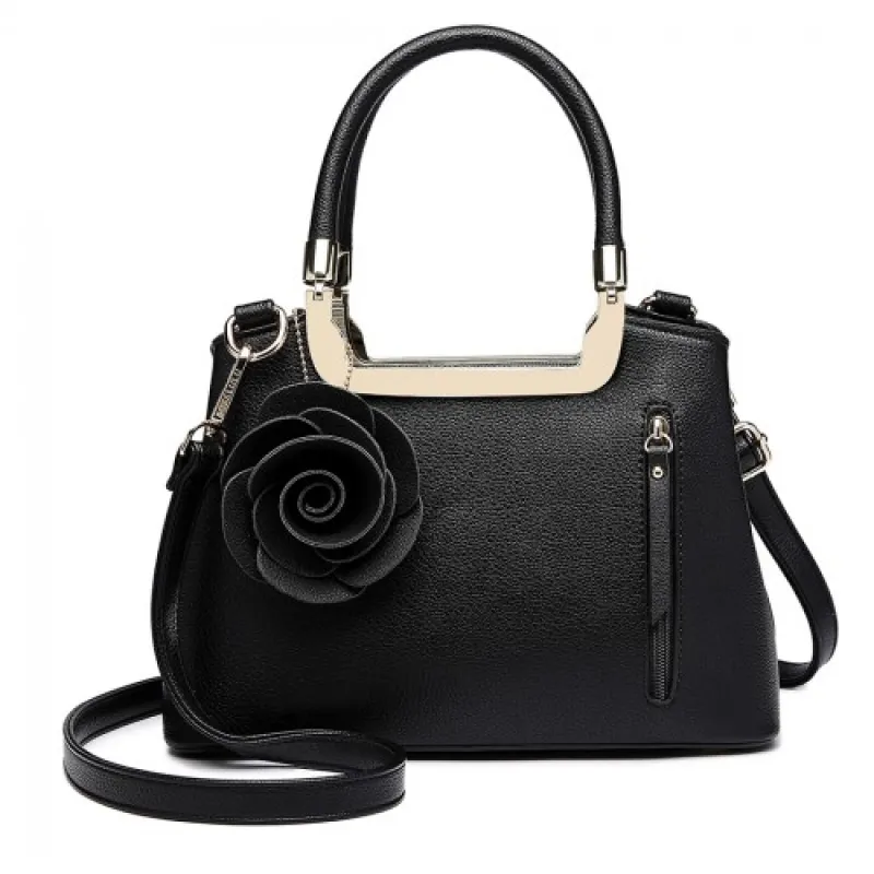 LG1847 - MISS LULU PU LEATHER ROSE HANGING ORNAMENT HANDBAG - BLACK sold by Beagle Boutique