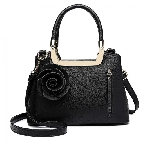 LG1847 - MISS LULU PU LEATHER ROSE HANGING ORNAMENT HANDBAG - BLACK sold by Beagle Boutique