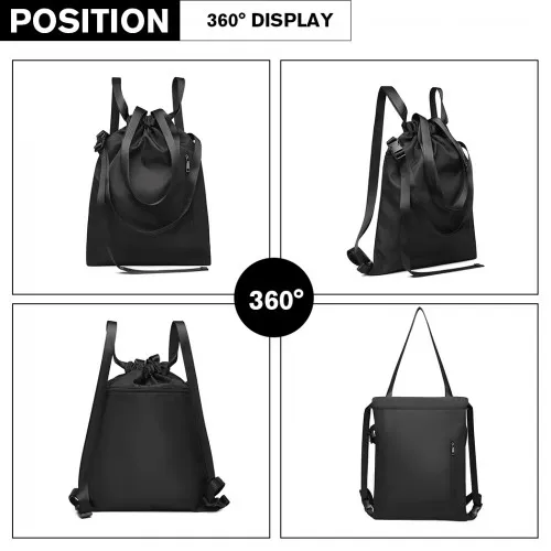 E6912 - Kono Nylon Multi Way Drawstring Backpack Shoulder Bag - Black sold by Beagle Boutique product image thumbnail 3