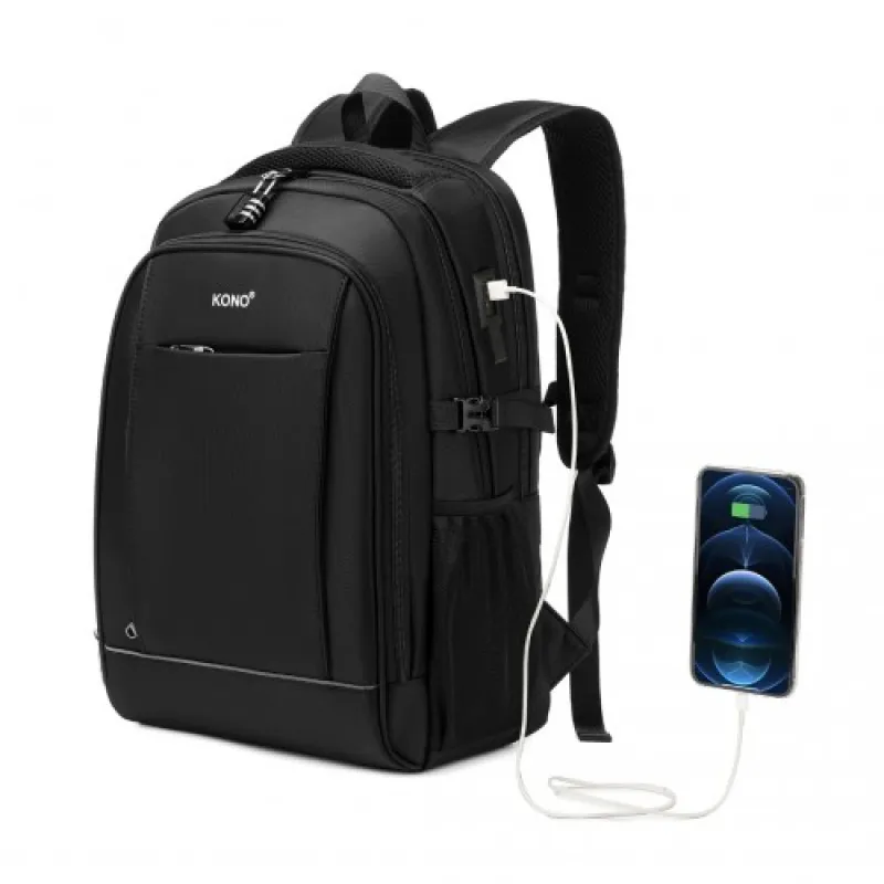 EM2130 - Kono Functional Travel Backpack With USB Charging Port - Black sold by Beagle Boutique